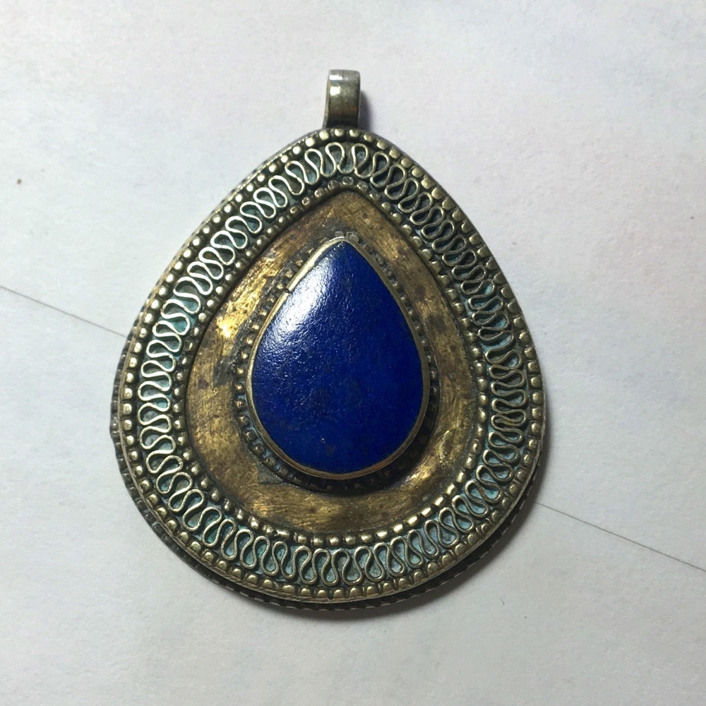 SOLD-Lapis teardrop pendant, silver and brass colored setting